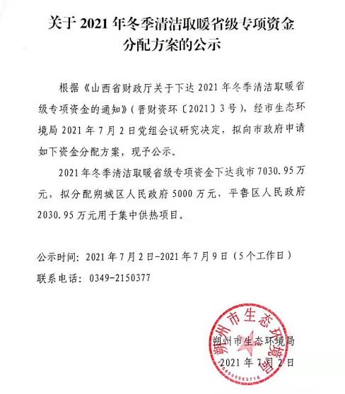 關于2021年冬季清潔取暖省級專項資金分配方案的公示