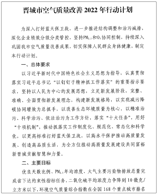 山西省晉城市出臺空氣質量改善2022年行動計劃2
